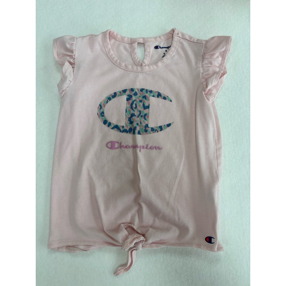 Champion Girls Pink Graphic Logo Ruffle Sleeve Keyhole Neck T-Shirt Size 4t